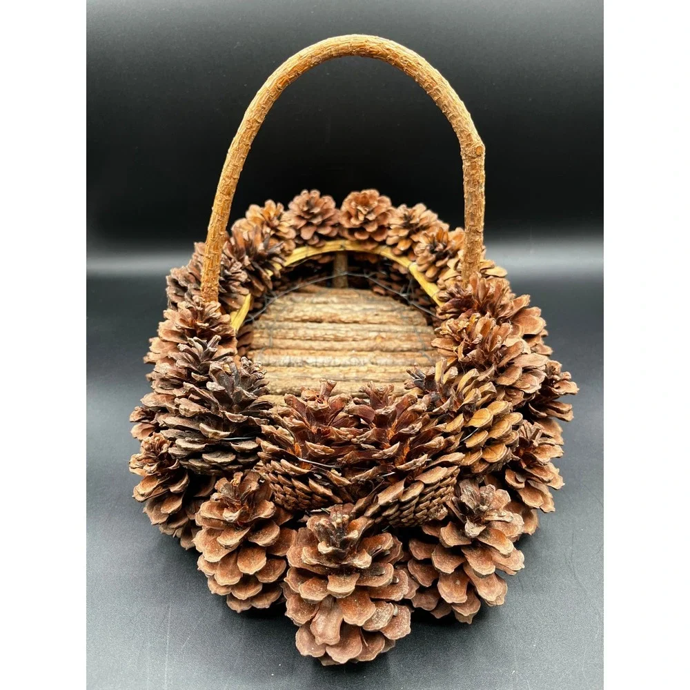 Handmade Pinecone Basket Rustic Woodland Twig Base Natural Wood Handle 14x10 in